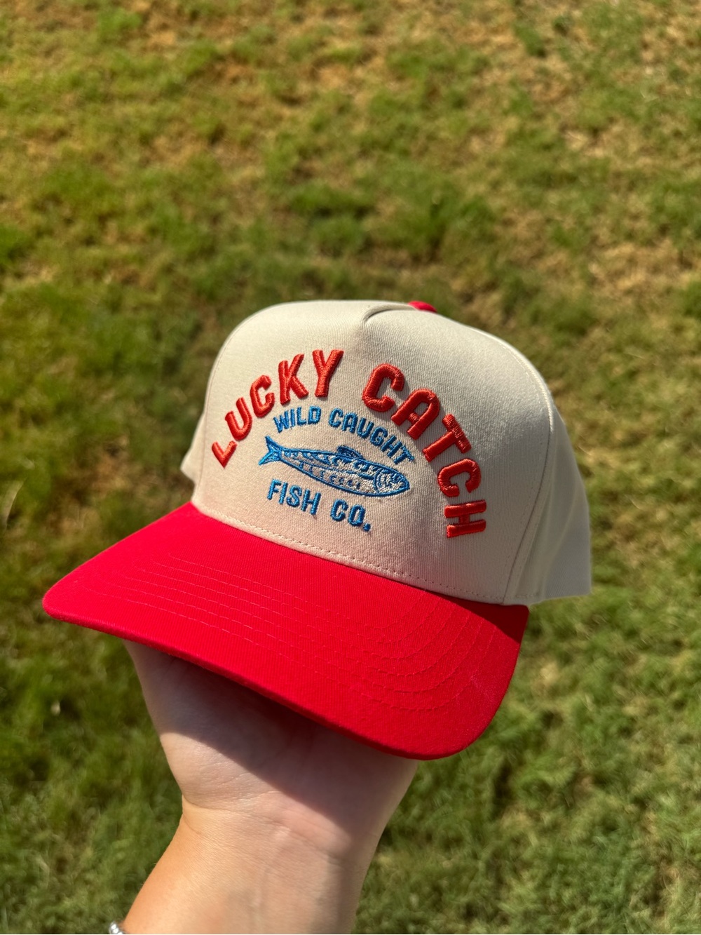 Lucky catch red boutique trucker hat
